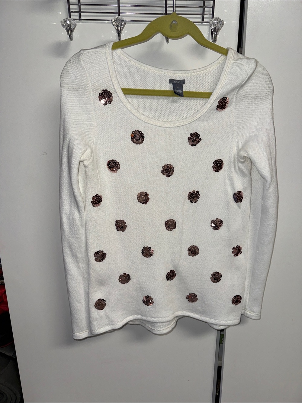 aerie Cream Sweater with Rose Gold Sequin Flowers